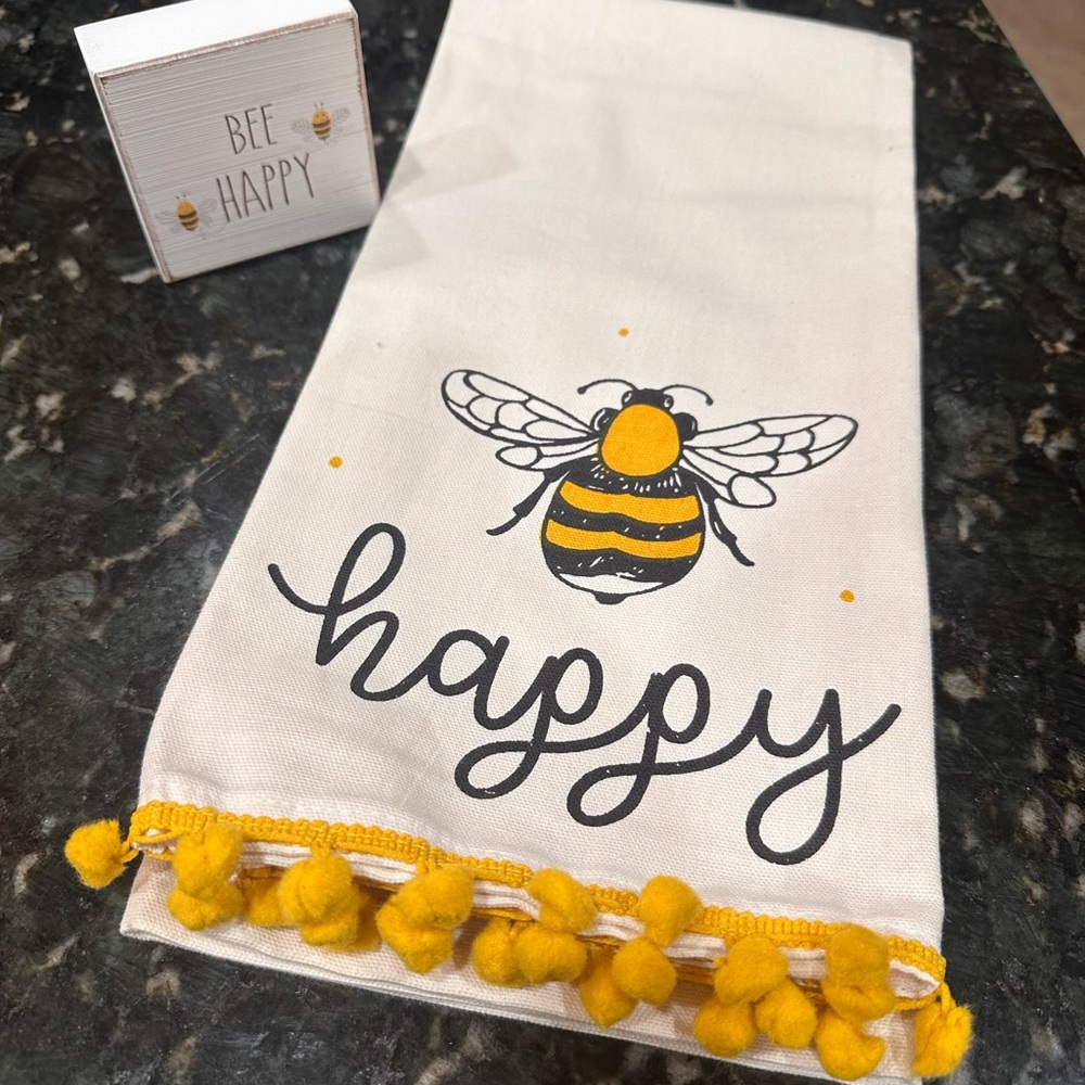Bee Happy Kitchen Towel & 3x3 Block Sign Set